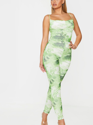 Lime Printed Cowl Neck Mesh Jumpsuit