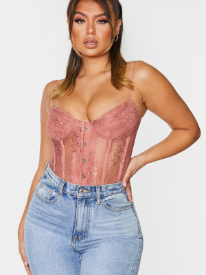 Deep Rose Lace Hook And Eye Long Corset Top