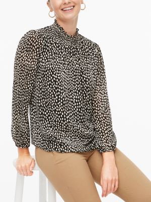 Smocked-neck Top In Oncilla Cat Print