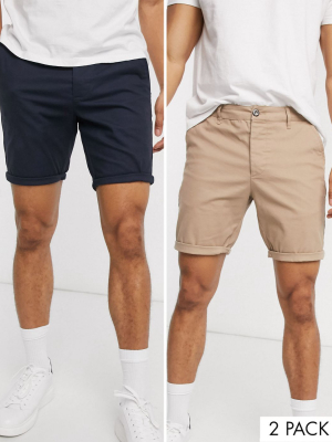 Asos Design 2 Pack Skinny Chino Shorts In Stone & Navy Save