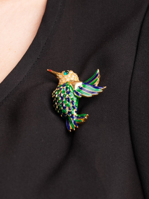 Gold With Green And Lapis Enamel Hummingbird Pin