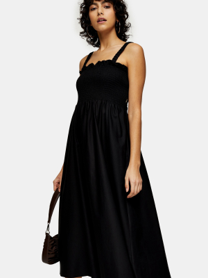 Black Shirred Poplin Bodice Pinafore Dress