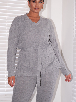 Plus Grey Belted Longline Sweater And Leggings...