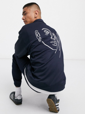 Asos Design Jersey Harrington Jacket In Navy With Embroidery