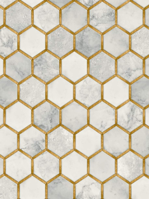 Inlay Hexagon Peel-and-stick Wallpaper In Alaska Grey And Gold By Nextwall