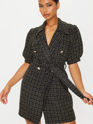 Black Glitter Boucle Puff Sleeve Blazer Dress