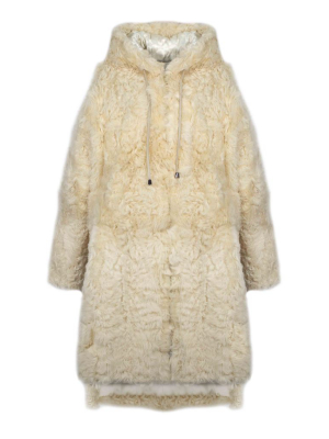 Unisex Hooded Shearling Zip Coat In Natural White