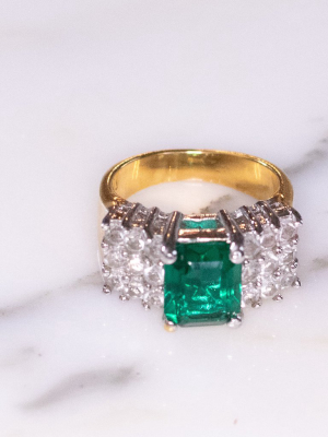 Vintage Emerald Green Cz Emerald Cut And Diamante Wide Band Cocktail Statement Ring