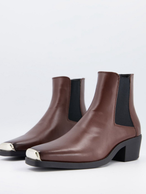 Asos Design Cuban Heel Western Chelsea Boots In Brown Faux Leather With Square Toe With Metal Cap