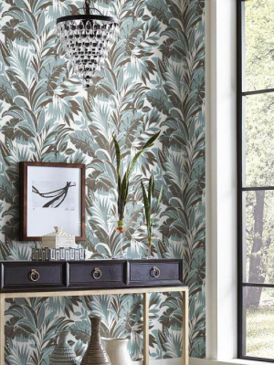 Palm Silhouette Wallpaper In Turquoise And Charcoal From The Conservatory Collection By York Wallcoverings