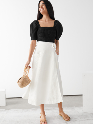 Belted Linen Blend Midi Skirt