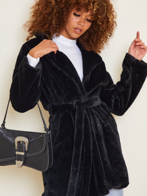 Black Belted Soft Faux Fur Coat