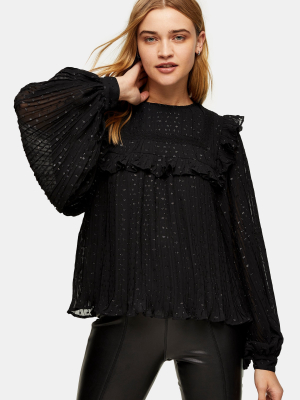 Black Pleated Yoke Metallic Thread Spot Blouse