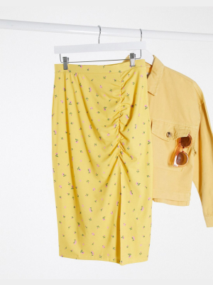 Monki Vanessa Floral Print Jersey Midi Skirt With Split In Yellow