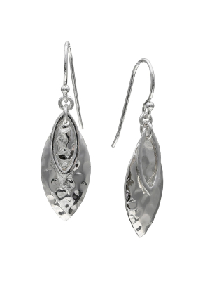 Women's Polished And Hammered Marquise Drop Earring In Sterling Silver - Silver (32mm)