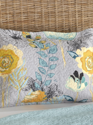 Lakeside Floral Watercolor Gray Quilted Pillow Sham With Vermicelli Stitch