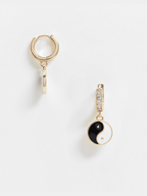 Asos Design Crystal Hoop Earrings With Yin Yang Charm In Gold Tone