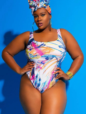 Plus Size Scrawl Printed High Leg One Piece Swimsuit