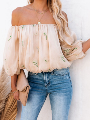 Villa Off The Shoulder Embroidered Chiffon Blouse