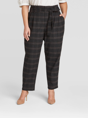 Women's Plaid Paperbag Waist Pants - A New Day™ Charcoal Gray