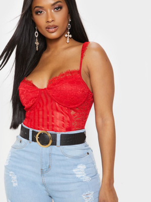 Shape Red Lace Mesh Stripe Bodysuit