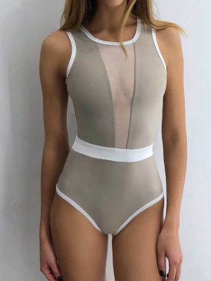 Sporty Contrast Tie Back Splicing Mesh One Piece Swimsuit