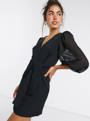 Asos Design Wrap Front Mini Dress With Textured Puff Sleeves In Black