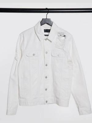 Asos Design Denim Jacket With Extreme Rips In White