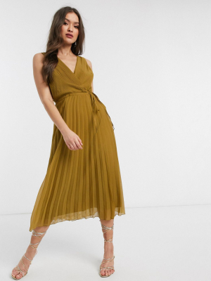 Asos Design Wrap Bodice Midi Dress With Tie Waist And Pleat Skirt