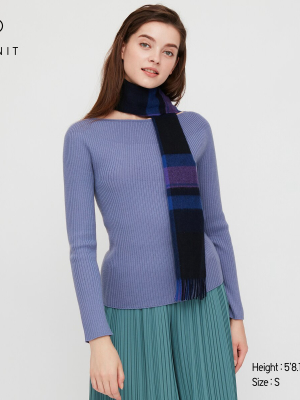 Women 3d Extra Fine Merino Ribbed Boat Neck Sweater