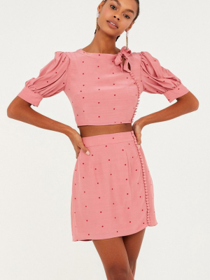 Rosie Button Up Mini Skirt - Rose Pink Polka Dot Print