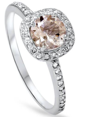 Pompeii3 7/8ct Round Morganite & Diamond Cushion Halo Engagement Ring 14k White Gold