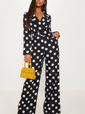 Monochrome Polka Dot Belt Detail Wide Leg Jumpsuit