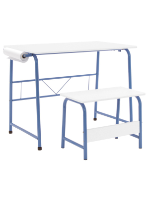 Studio Designs 38022 Homeroom 2 Piece Kids Art Learning Homework Table Desk And Bench Set With 12 Inch Craft Paper Roll And Backpack Hook, Blue/white