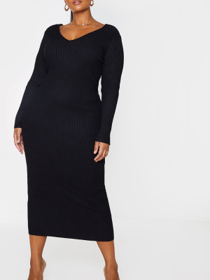 Plus Black Off Shoulder Rib Knitted Midaxi Dress