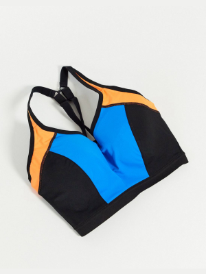 Pour Moi Fuller Bust Energy Lightly Padded Color Block Underwire Sports Bra In Blue/orange