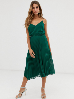 Asos Design Pleated Cami Midi Dress With Drawstring Waist In Forest Green