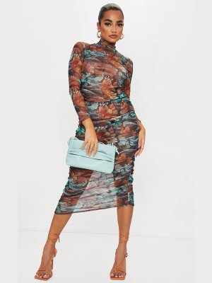 Petite Multi Butterfly Ruched Meshed Midi Dress