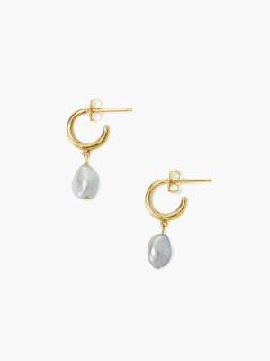 Grey Pearl And Gold Huggie Earrings