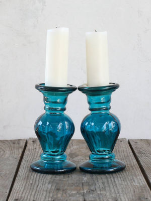 Recycled Aqua Glass Candle Holder 8" - So 7.8.22
