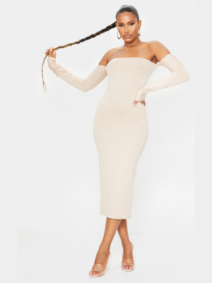 Stone Jersey Bardot Ruched Sleeve Midaxi Dress