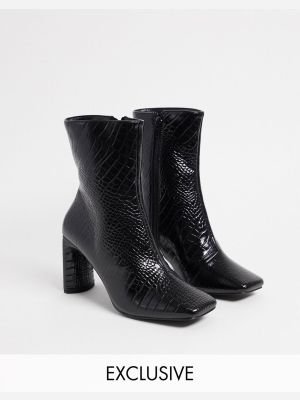 Z_code_z Exclusive Reese Vegan Square Toe Boots In Black Croc