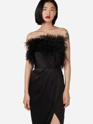 Black Double Silk Satin Feather Draped Dress