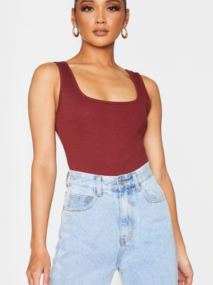 Burgundy Rib Square Neck Sleeveless Bodysuit