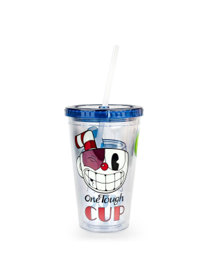 Just Funky Cuphead One Rough/tough Cup 16oz Carnival Cup W/ Straw & Lid