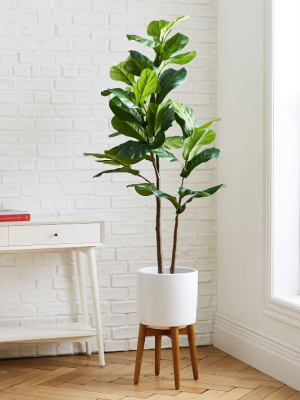 5' Faux Fiddle Leaf Fig Tree & Tall Mid-century Turned Wood Leg Planter Set