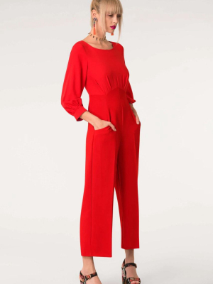 Red 2-in-1 Puff Sleeve Round Neck Jumpsuit