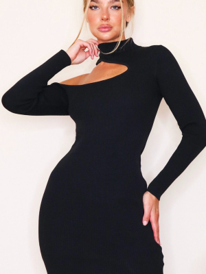 Black Slash Neck Cut Out Knitted Mini Dress