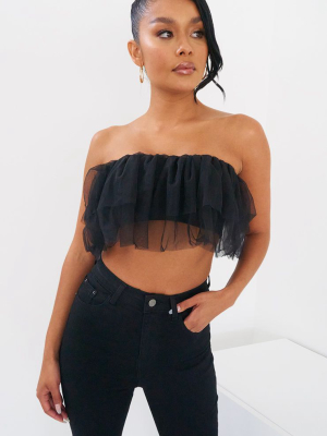 Black Chiffon Frill Bandeau Crop Top