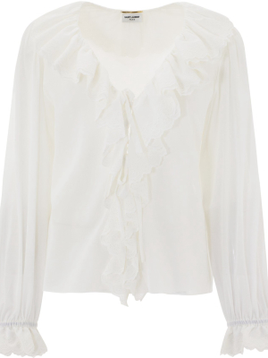 Saint Laurent Broderie Anglaise Frilled Tie Blouse